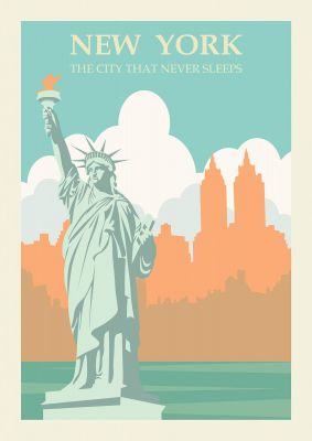 An unframed print of new york travel illustration in orange and green accent colour
