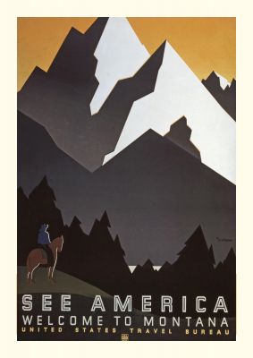 An unframed print of montana usa travel illustration in grey and beige accent colour
