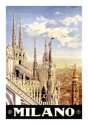 An unframed print of milan travel illustration in beige and blue accent colour
