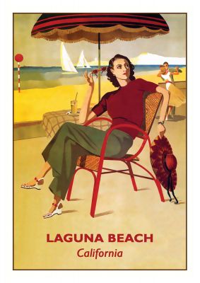 An unframed print of laguna beach california travel illustration in yellow and red accent colour