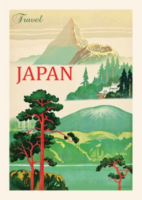 An unframed print of japan travel illustration in green and red accent colour