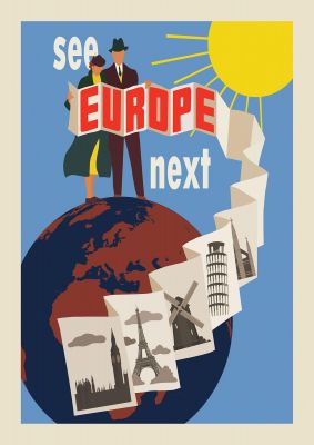 An unframed print of europe travel illustration in multicolour and beige accent colour