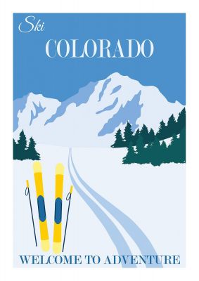 An unframed print of colorado travel illustration in blue and white accent colour