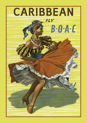 An unframed print of caribbean travel illustration in yellow and brown accent colour