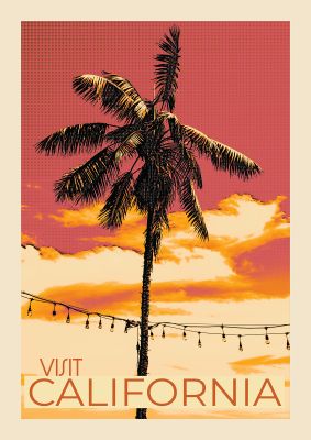An unframed print of california travel illustration in orange and pink accent colour