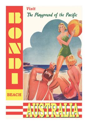 An unframed print of bondi beach australia travel illustration in orange and red accent colour