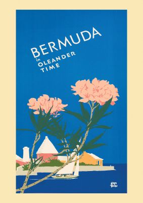 An unframed print of bermuda travel illustration in blue and beige accent colour