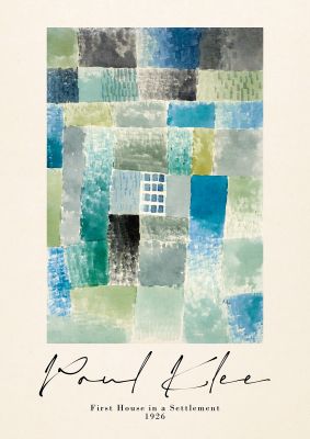 An unframed print of paul klee first house in a settlement 1926 a famous paintings illustration in blue and beige accent colour