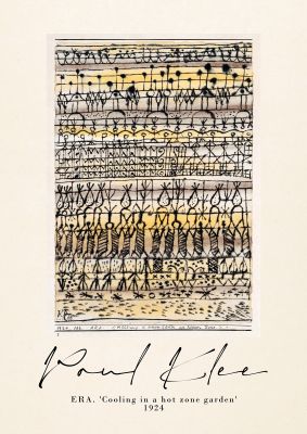 An unframed print of paul klee era cooling in a hot zone garden 1924 a famous paintings illustration in beige and yellow accent colour