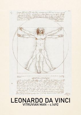 An unframed print of leonardo da vinci vitruvian man 1492 famous paintings graphic in beige and white accent colour