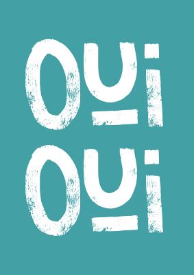 An unframed print of green oui oui graphical geometric in blue and white accent colour