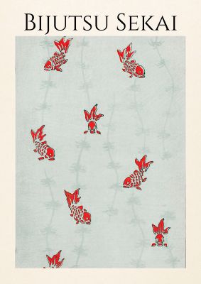 An unframed print of bijutsu sekai seamless gold fish illustration in grey and red accent colour
