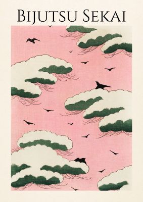 An unframed print of bijutsu sekai pink sky illustration in pink and black accent colour