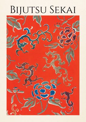 An unframed print of bijutsu sekai floral pattern 3 illustration in red and blue accent colour