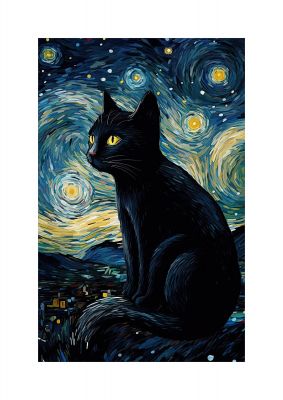 Sophisticated Black Cat Adorned in Starry Night Backdrop Art Poster