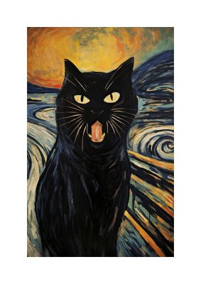 Expressive Black Cat Against Fiery Swirls Art Poster
