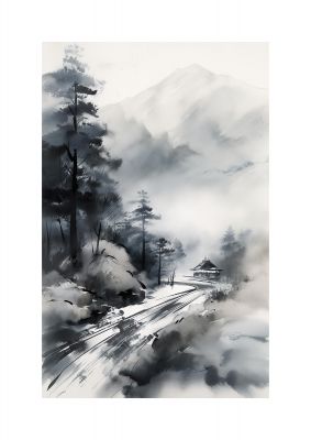Snowy Japanese Landscape in Ink: Traditional Sumi-e Art