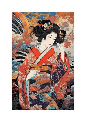 Japanese Woman in Kimono with Floral Pattern Art