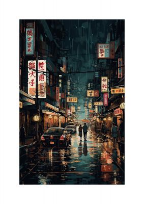 Rainy Tokyo Street at Night Illustration Print