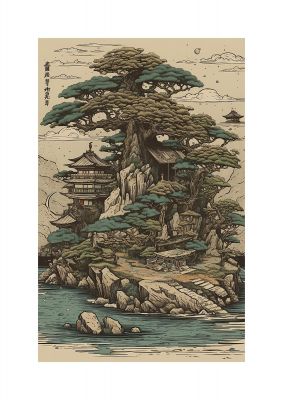 Traditional Japanese Landscape with Pagoda Art