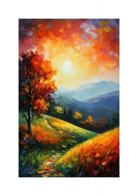 Vivid Autumn Landscape Painting with Sun
