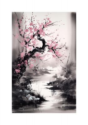 Cherry Blossom Tree and Stream Serene Sumi-e Art
