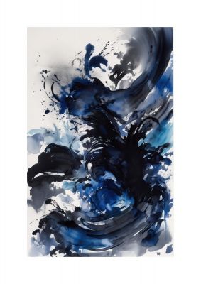 Intricate Sumi-e Wind and Waves in Black and Navy