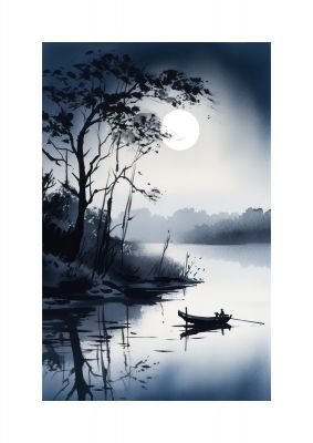 Serene Sumi-e Moon Lake and Silhouetted Boat