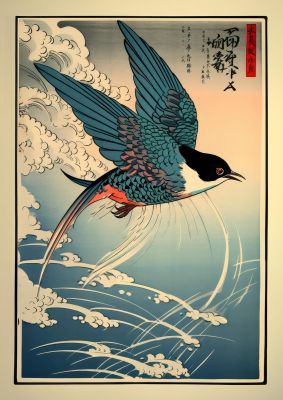 Japanese Lithograph Swallow Against Sky