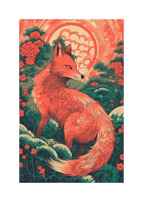 Risograph-Inspired Kitsune in Forest Green