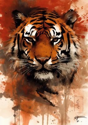 Sumi-e Ink Tiger Essence on Orange Backdrop