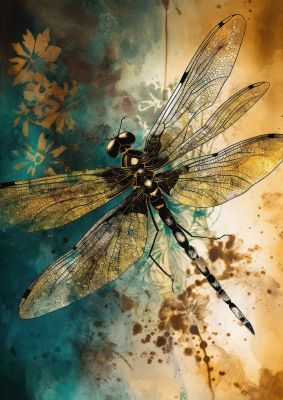 Dreamlike Dragonfly in Gold and Teal Sumi-e