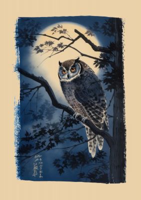 Sumi-e Night Owl in Deep Blues and Blacks