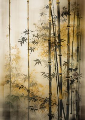 Sumi-e Art Ethereal Bamboo in Golden Haze
