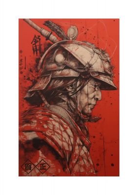 Samurai Profile in Majestic Helmet Sumi-e