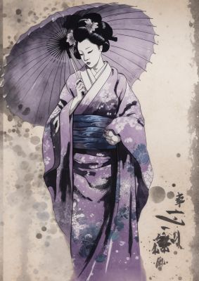 Geisha Poised on Lavender Canvas