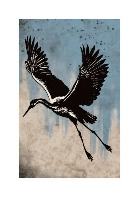 Tranquil Blue Canvas with Crane Silhouette