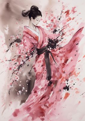 Graceful Dancing Woman in Cherry Blossom Kimono