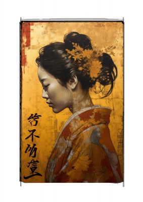 Golden Chrysanthemums on Kimono-clad Woman
