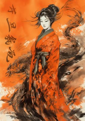 Vibrant Sumi-e Woman in Kimono with Dragon