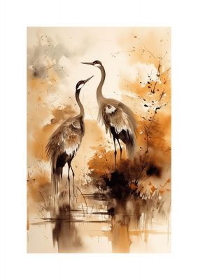 Sumi-e Artwork of Elegant Dancing Cranes