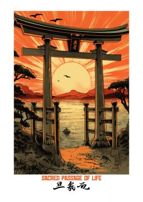 Sunset Hues Over Torii Gate Woodblock