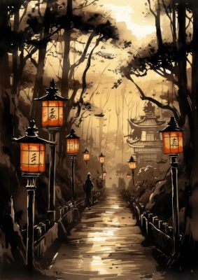 Sumi-e Radiant Lanterns and Temple