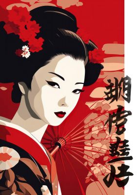 Modern Geisha Lithograph with Red Lips