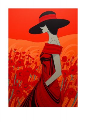 Dynamic Woman in Vermillion with Black Lines