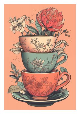 Floral Trio of Cups Risograph Art