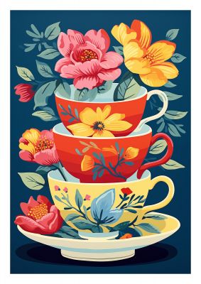 Vivid Stacked Flower-Patterned Teacups