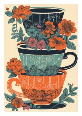 Exquisite Trio of Floral Cups Risograph