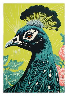 Peacock Risograph Print with Emerald Backdrop