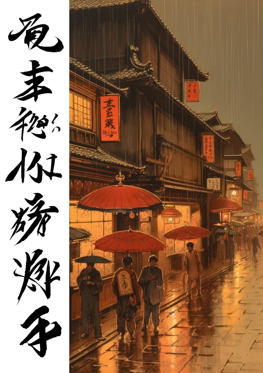 Rainy Gion in Geisha Umbrella Kanji Lithobee